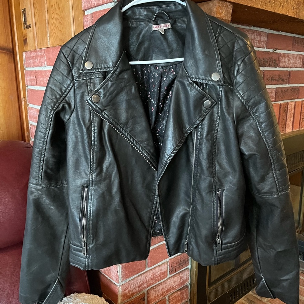 CAPE JUBY Zip Up Faux Leather Black Motorcycle Jacket with Lining XL